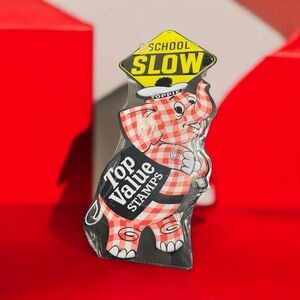 Top Value Stamps Gingham Toppie Elephant Metal Advertising Sign- School Slow Tin
